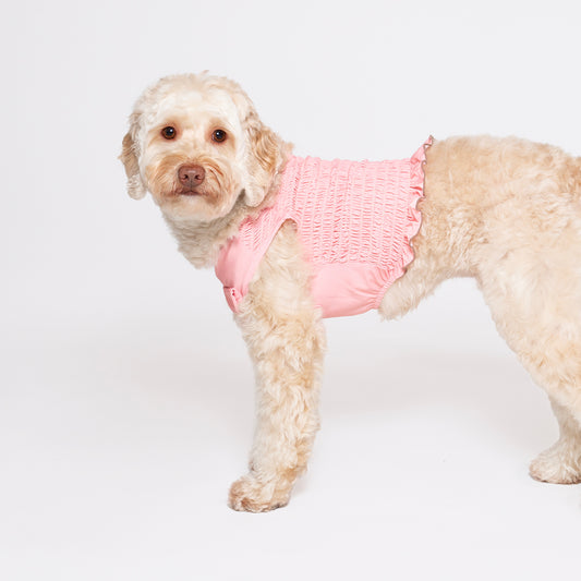 Salmon pink tank top made with a cool-to-touch silky fabric and smocked detail. Featuring a pocket for our Rounder Ice Pack to keep your pets cool from the summer heat.