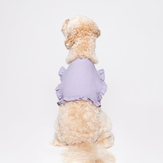 Lilac tank top vest made with lightweight, breathable fabric and ruffled detail around the edges. Adjustable Velcro waist opening for the optimal fit. Featuring a pocket for our Rounder Ice Pack to keep your pets cool from the summer heat.