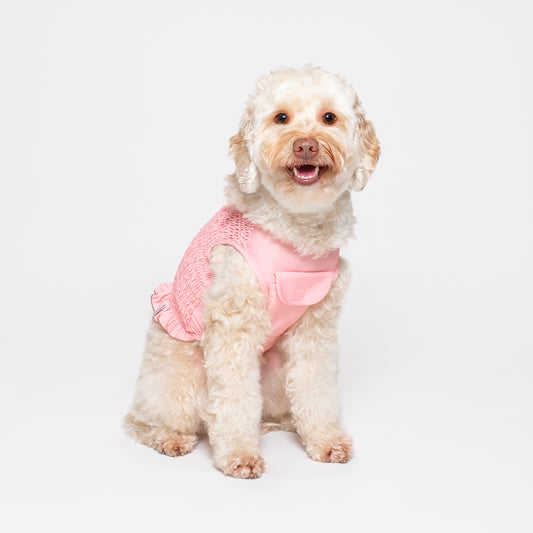 Salmon pink tank top made with a cool-to-touch silky fabric and smocked detail. Featuring a pocket for our Rounder Ice Pack to keep your pets cool from the summer heat.