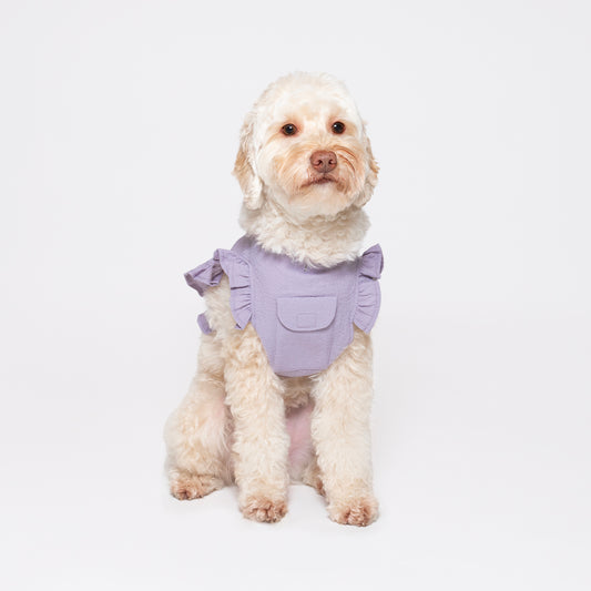 Lilac tank top vest made with lightweight, breathable fabric and ruffled detail around the edges. Adjustable Velcro waist opening for the optimal fit. Featuring a pocket for our Rounder Ice Pack to keep your pets cool from the summer heat.